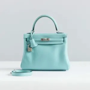HERM??S -  KELLY 25 BAG IN BLUE ATOLL SWIFT LEATHER WITH PALLADIUM HARDWARE