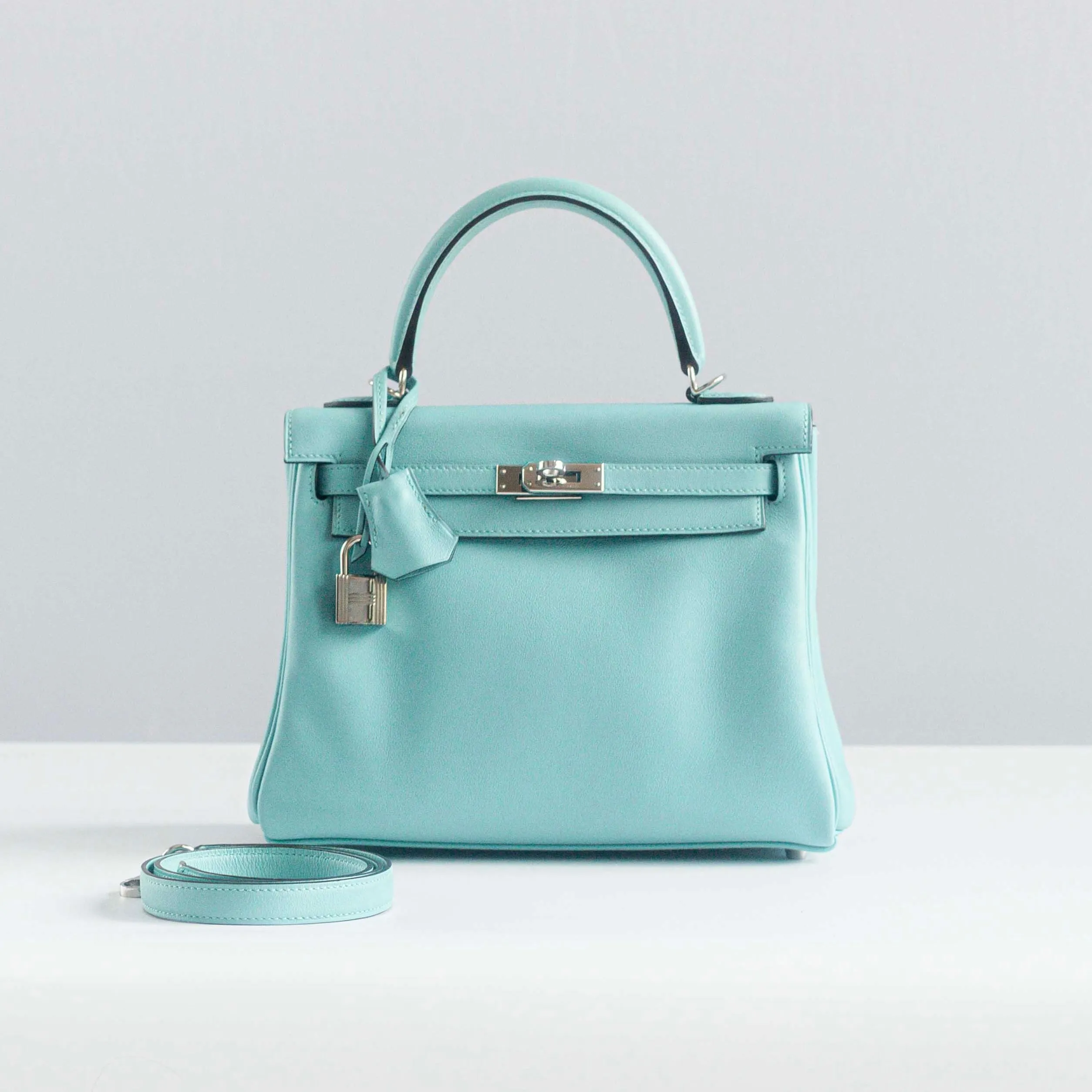 HERM??S -  KELLY 25 BAG IN BLUE ATOLL SWIFT LEATHER WITH PALLADIUM HARDWARE