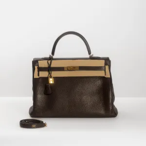HERM??S- KELLY 35 BAG TAURILLON CLEMENCE LEATHER IN COFFEE COLOUR WITH GOLD HARDWARE