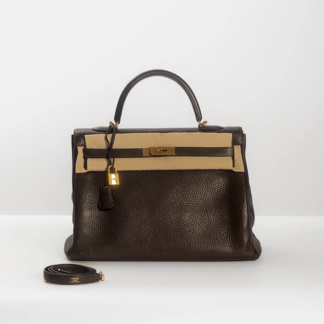 HERM??S- KELLY 35 BAG TAURILLON CLEMENCE LEATHER IN COFFEE COLOUR WITH GOLD HARDWARE