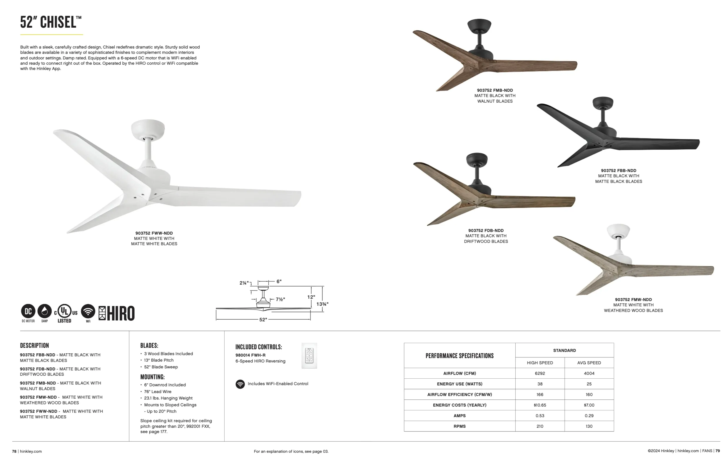 Hinkley Fan Chisel 52" Smart Indoor/Outdoor DC Ceiling Fan with Hiro Control