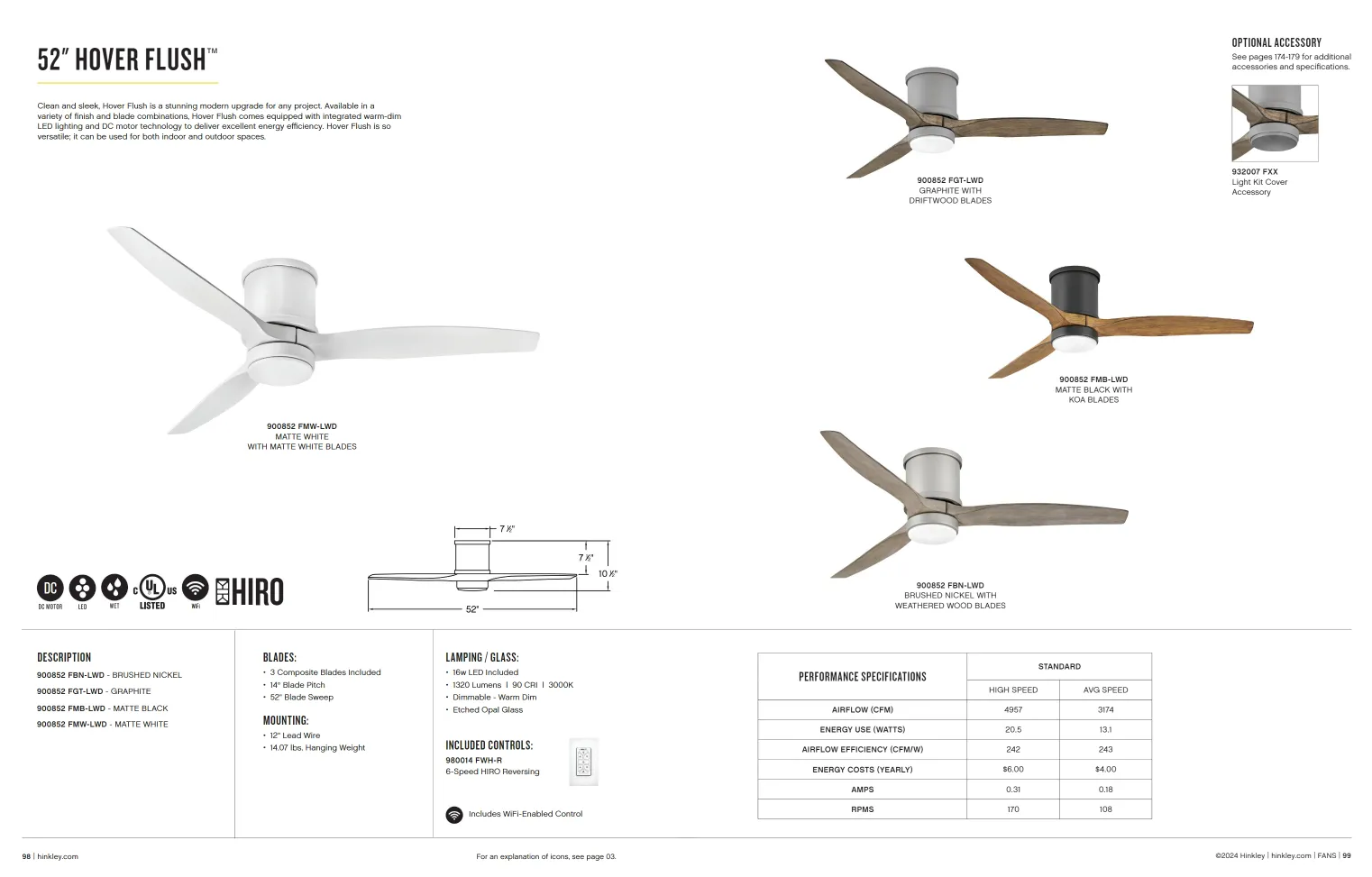 Hinkley Fan Hover Flush Smart Outdoor DC LED Ceiling Fan with Hiro Control