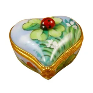 Ladybug on Four-Leaf Clover Heart Limoges Collectible Boxes Rare Find