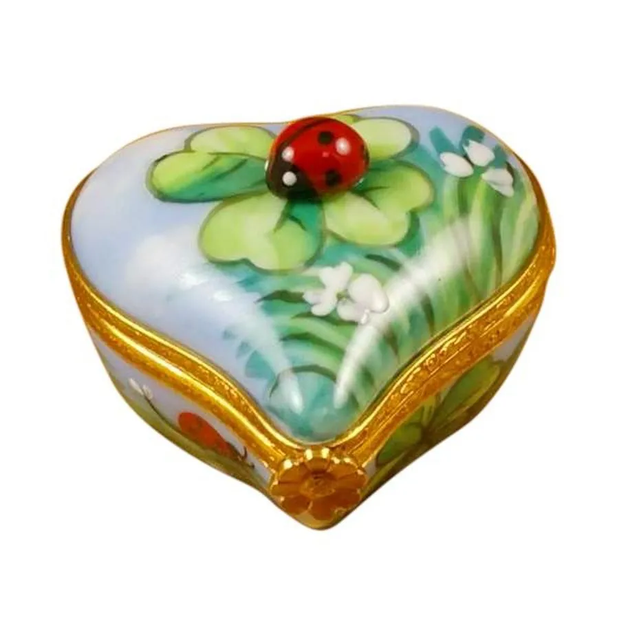 Ladybug on Four-Leaf Clover Heart Limoges Collectible Boxes Rare Find