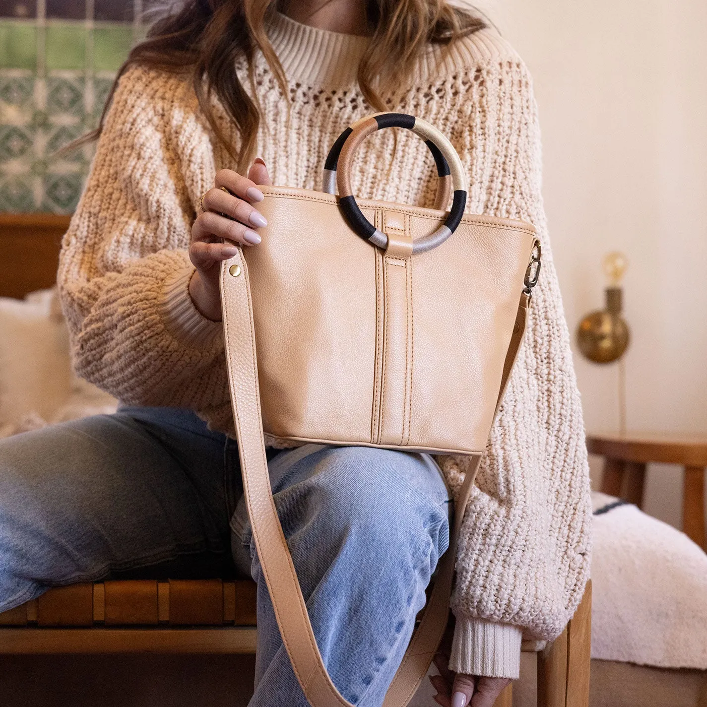 Luna Small Tote In Pebbled Leather - Porcini