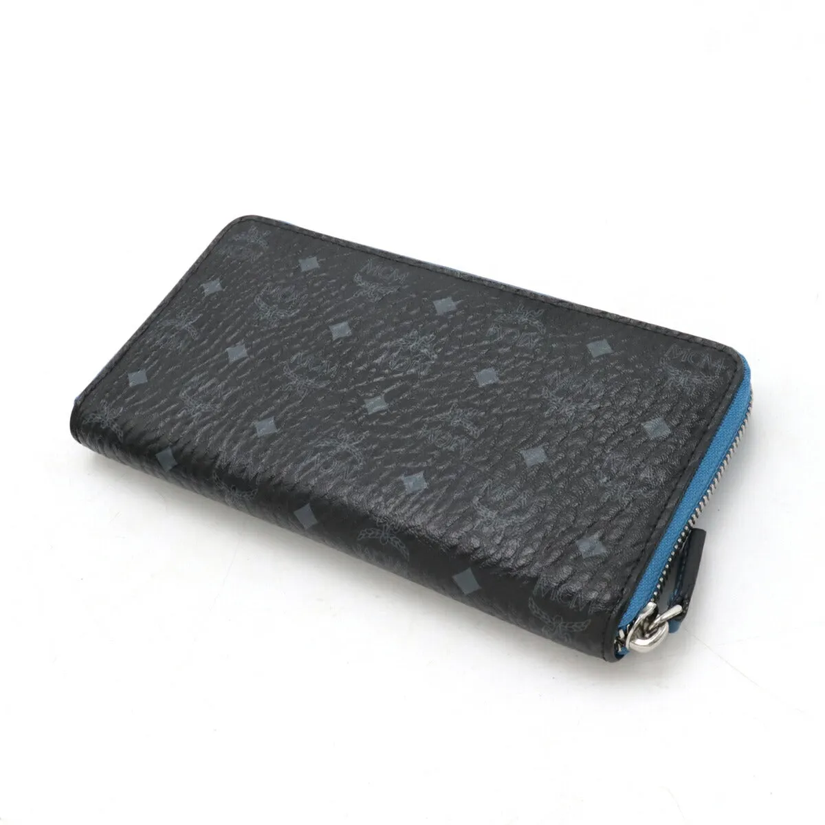 MCM Visetos Logo Zip Around Wallet Black Blue