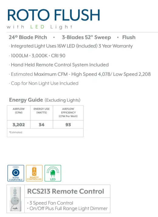 Minka Aire Roto Flush 52" Ceiling Fan with 20W LED Dimmable Light and Remote Control