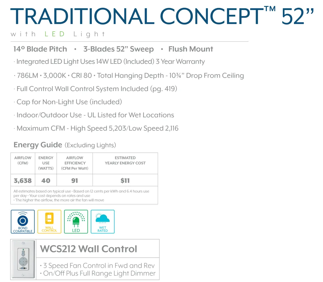 Minka Aire Traditional Concept LED Flushmount Outdoor Ceiling Fan with 14W Dimmable LED and Wall Control