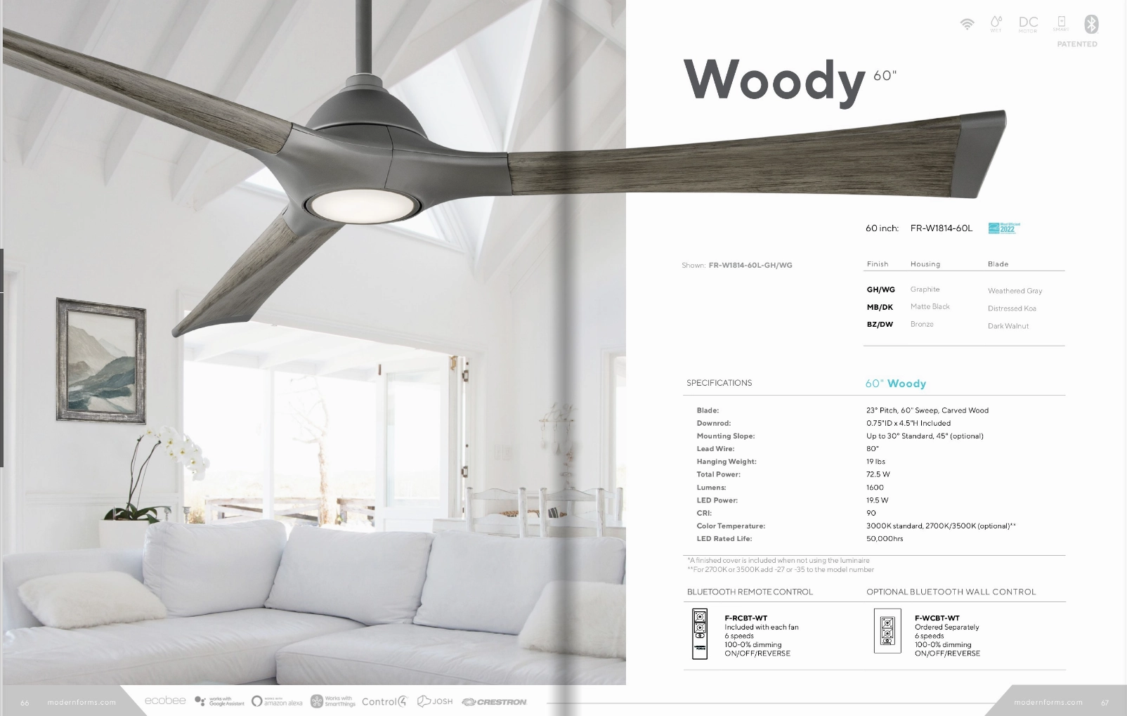 Modern Forms Fan 60" Woody Smart Outdoor DC Ceiling Fan with 19W CCT LED and Remote