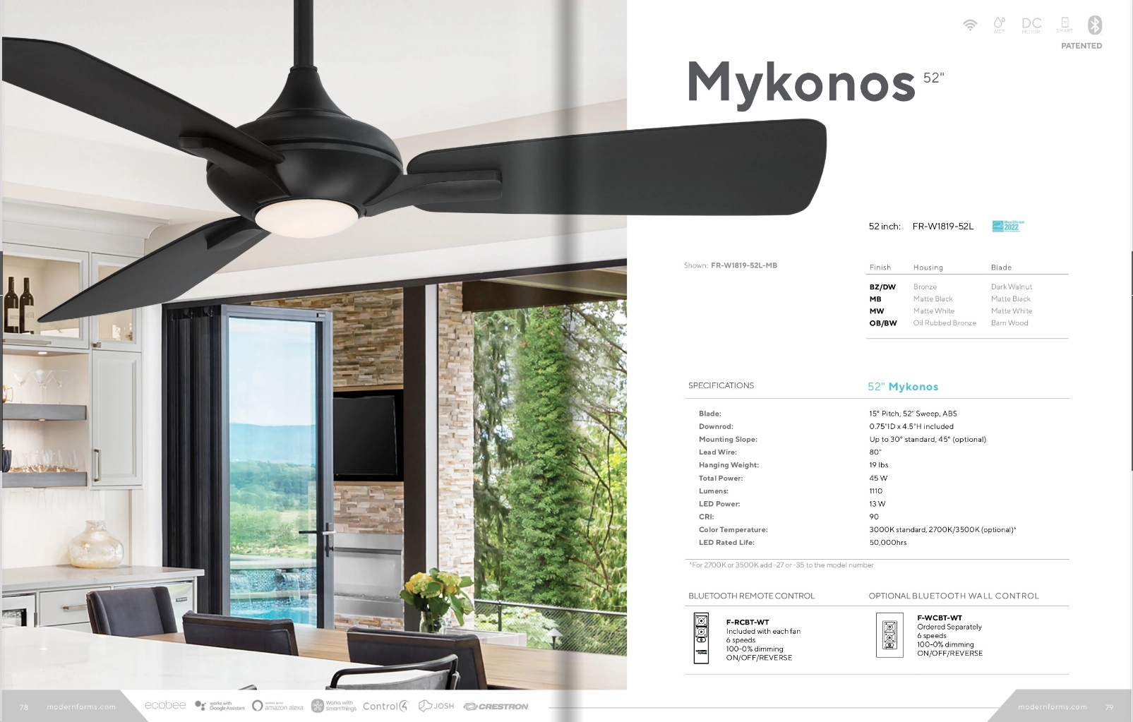 Modern Forms Fan Mykonos 52" Smart Outdoor DC Ceiling Fan with 13W CCT LED and Remote