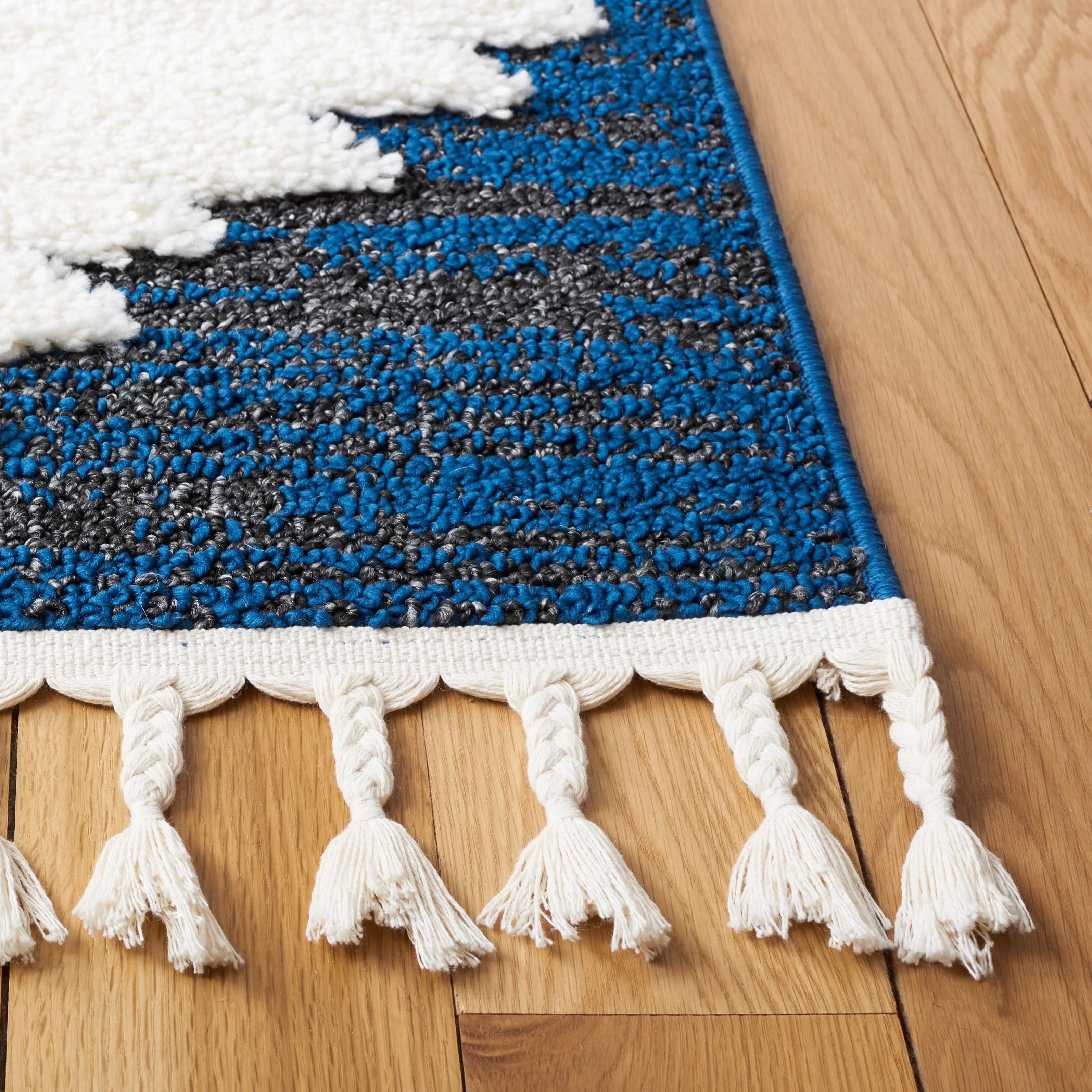 Moroccan Tassel Shag Area Rug, Navy / Ivory Bohemian Style Non-Shedding
