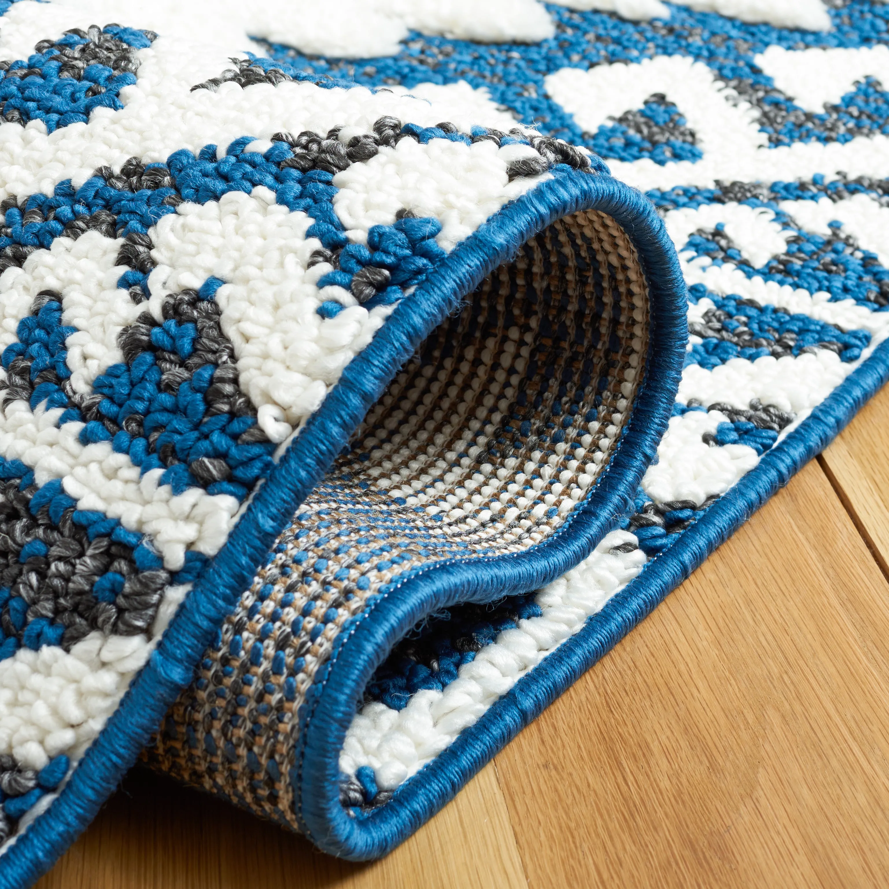 Moroccan Tassel Shag Area Rug, Navy / Ivory Bohemian Style Non-Shedding