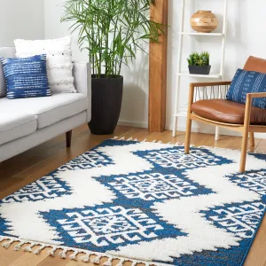 Moroccan Tassel Shag Area Rug, Navy / Ivory Bohemian Style Non-Shedding Area Rugs holiday deals