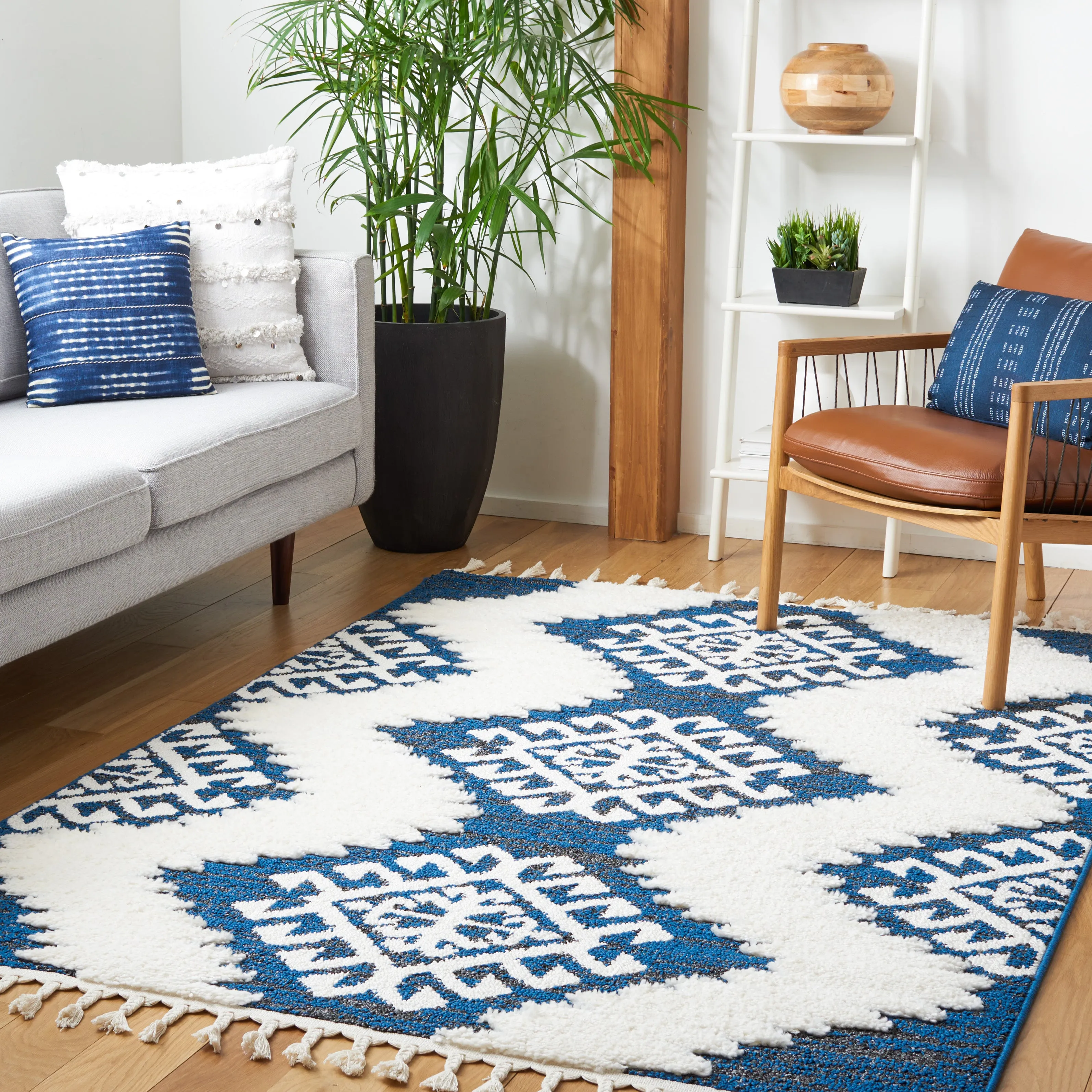 Moroccan Tassel Shag Area Rug, Navy / Ivory Bohemian Style Non-Shedding Area Rugs holiday deals