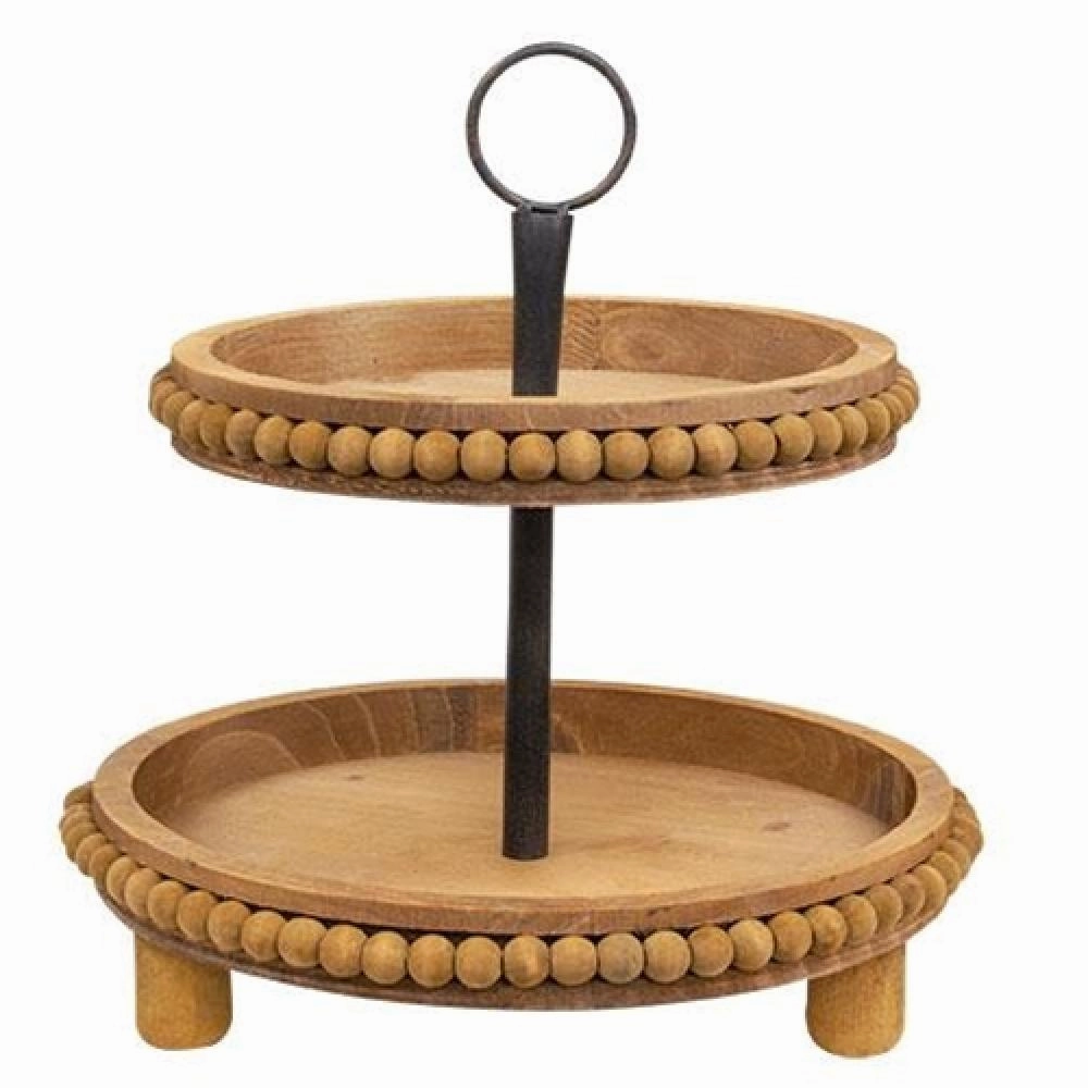 Natural Wood Beaded Two-Tiered Tray Decorative Accessories promo online