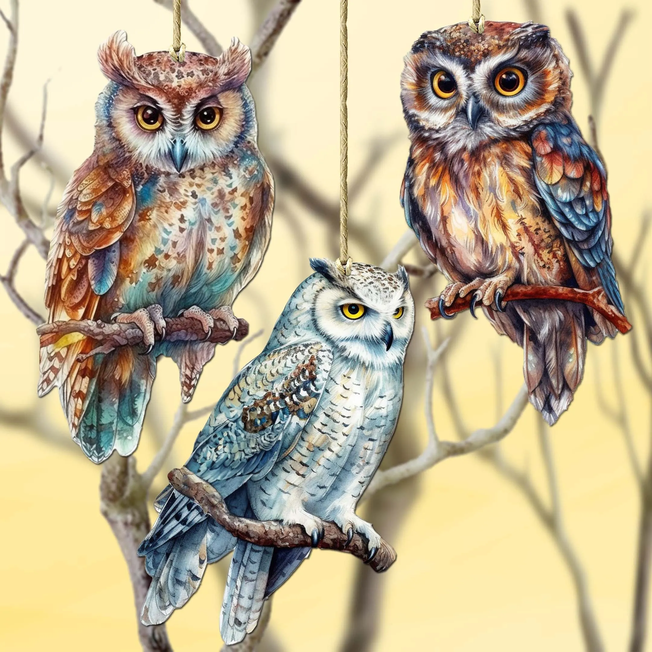Night Owls Decorative Wooden Christmas Ornaments of 3 by G. Debrekht