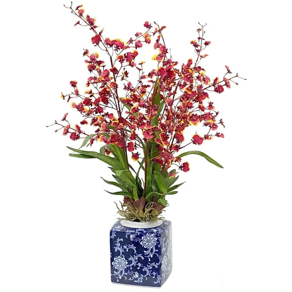 Oncidium Orchid in Blue & White Jar Artificial Flowers Spring Refresh