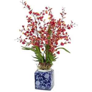 Oncidium Orchid in Blue & White Jar Artificial Flowers Spring Refresh
