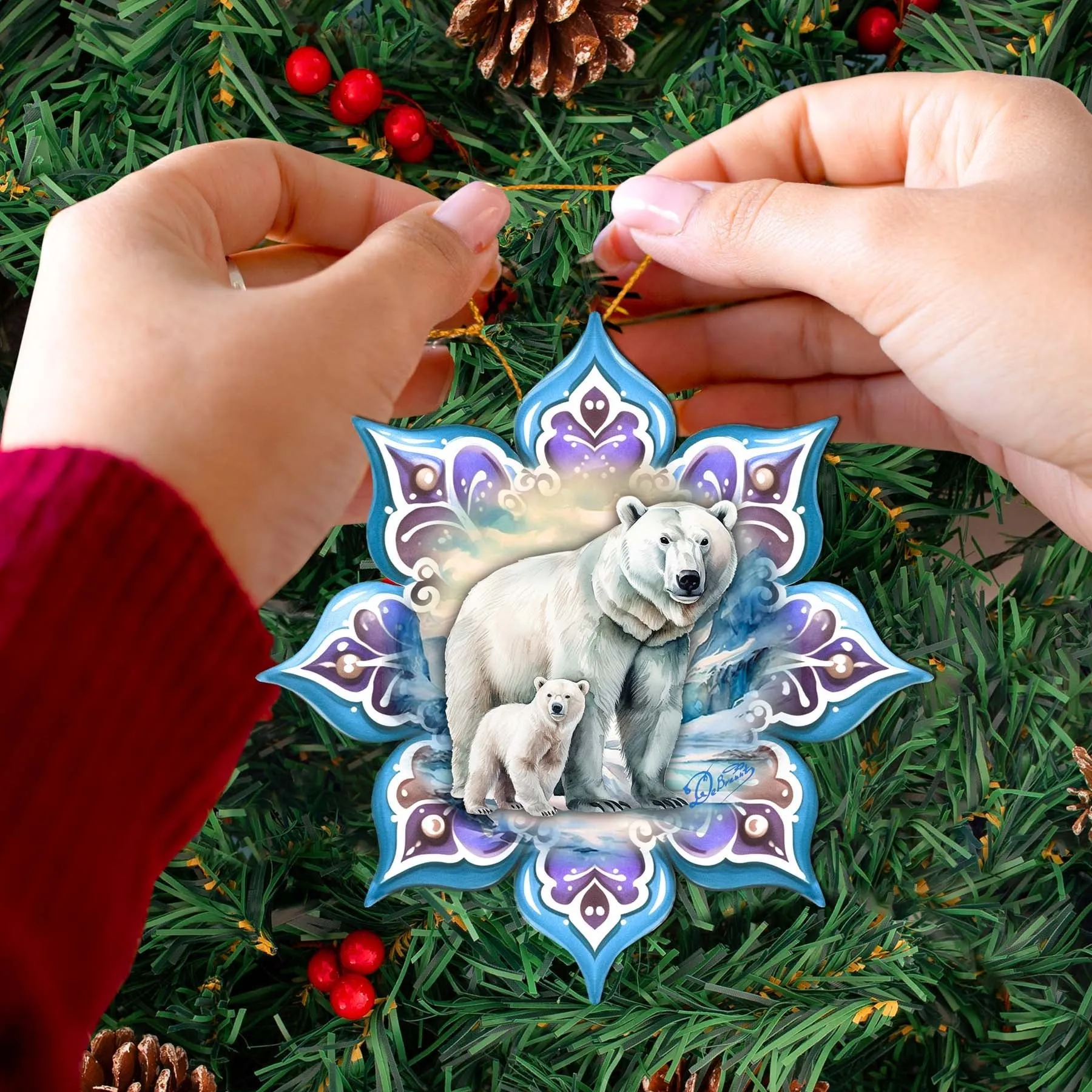 Polar Bear Snowflake Wooden Christmas Ornament by G. Debrekht