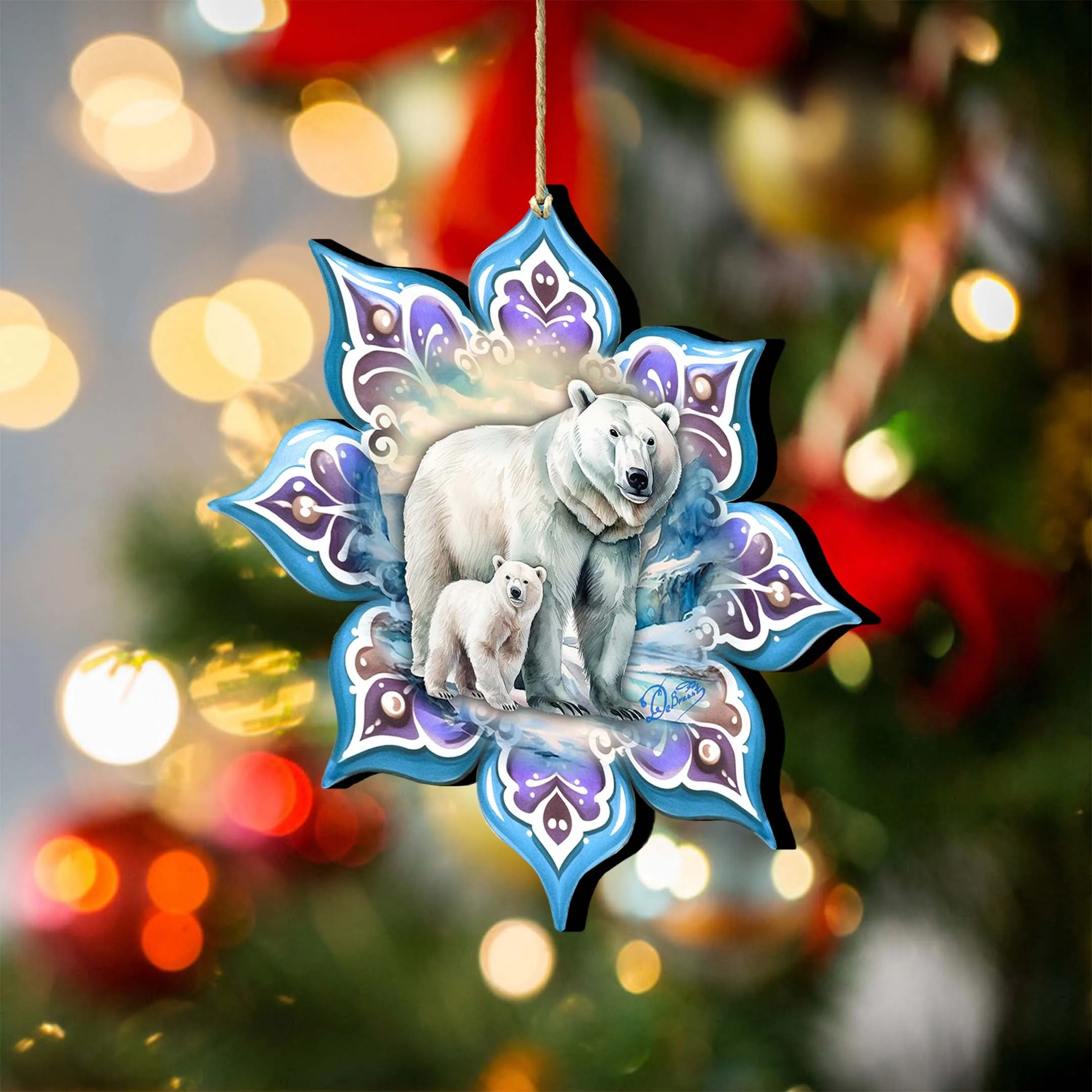 Polar Bear Snowflake Wooden Christmas Ornament by G. Debrekht