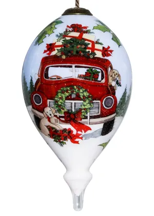 Puppy and Red Truck Christmas Wreath Hand Painted Mouth Blown Glass Ornament Sale on Holiday Decorations