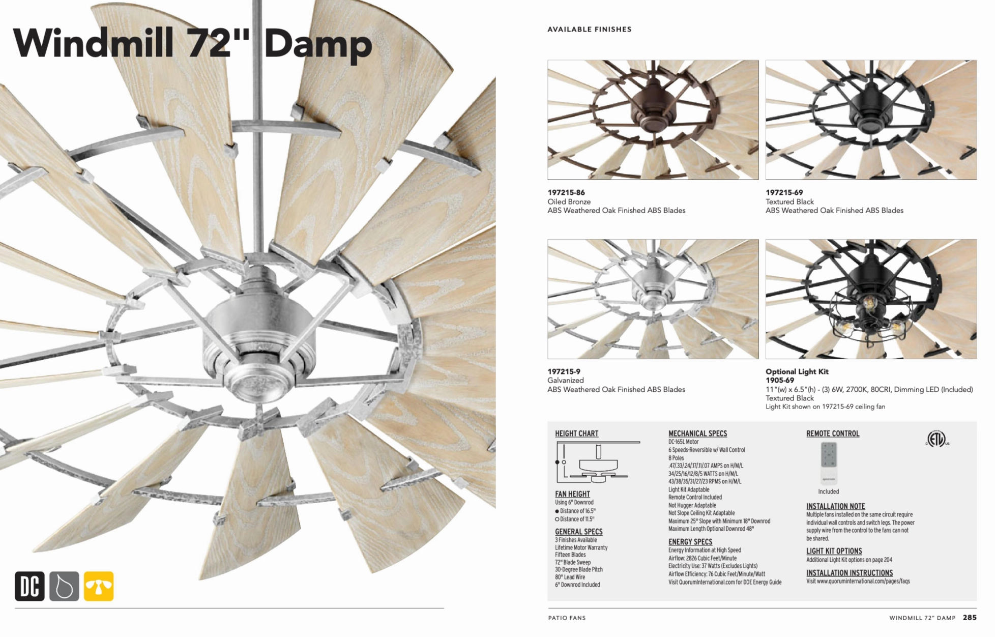 Quorum Windmill Indoor/Outdoor DC Farmhouse Patio Fan with Remote