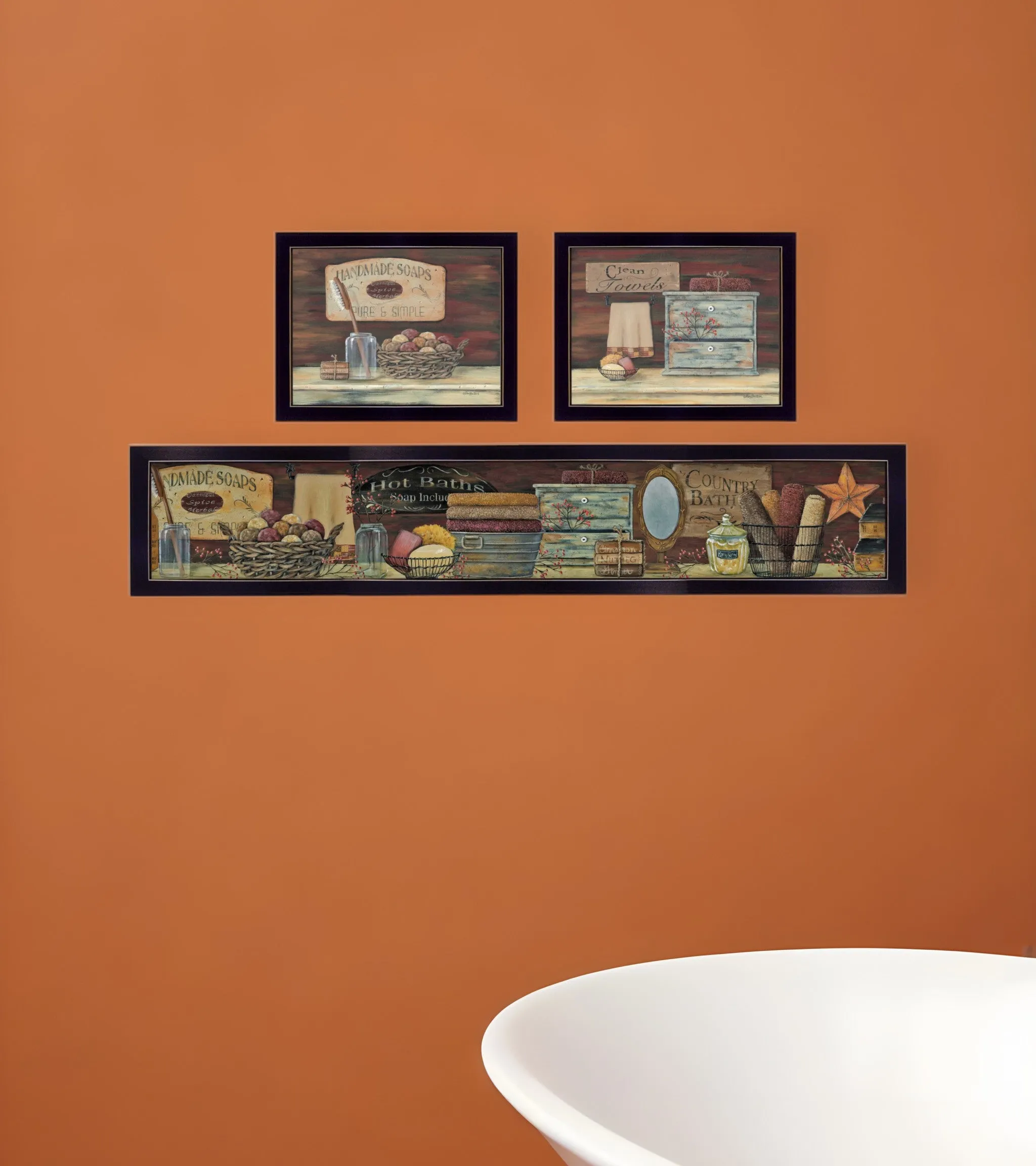 Set Of Three COUNTRY BATH 1 3 Black Framed Print Bathroom Wall Art Cheap Wall Mirrors & Decor