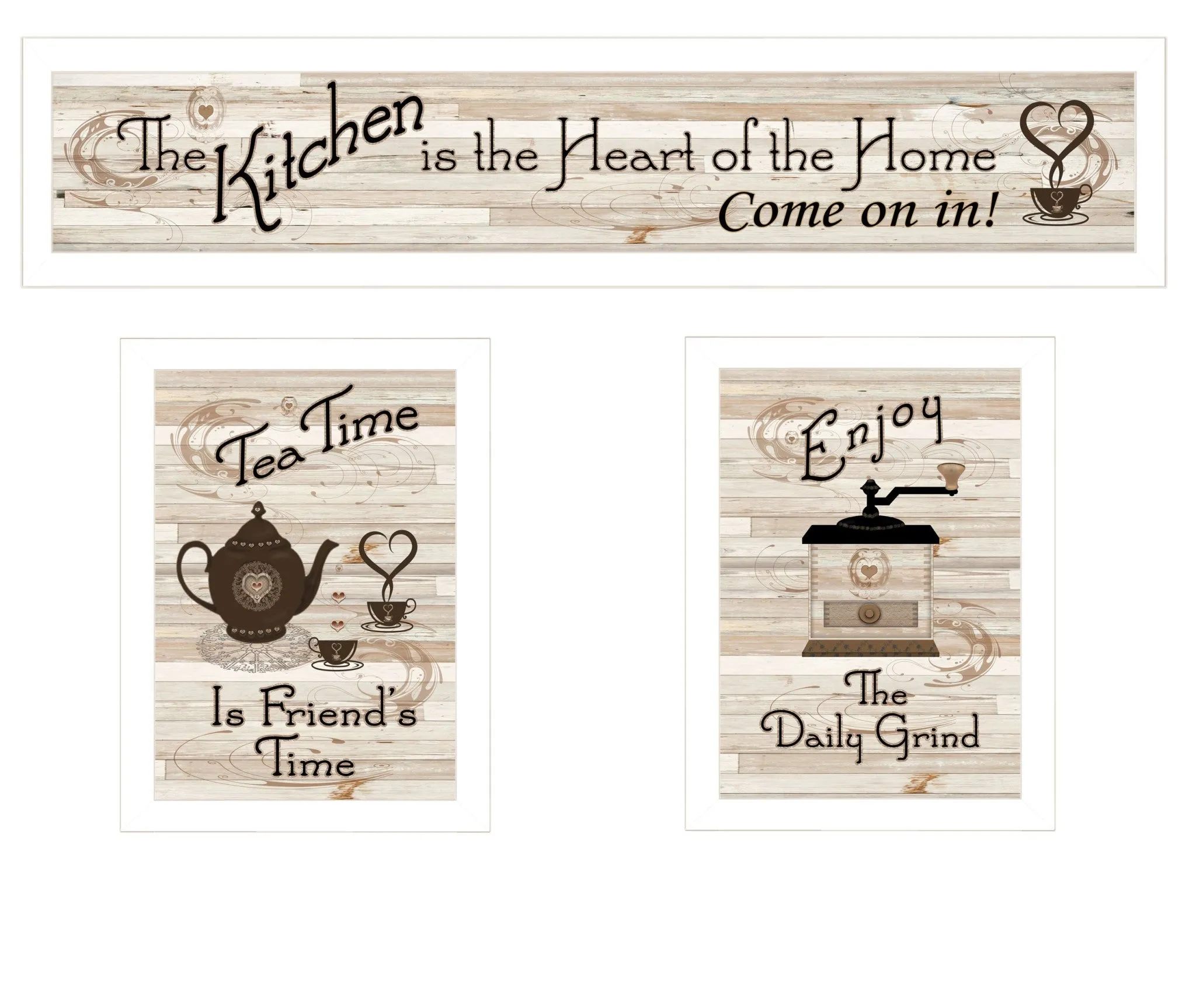 Set Of Three Kitchen Is The Heart of Home White Framed Kitchen Wall Art