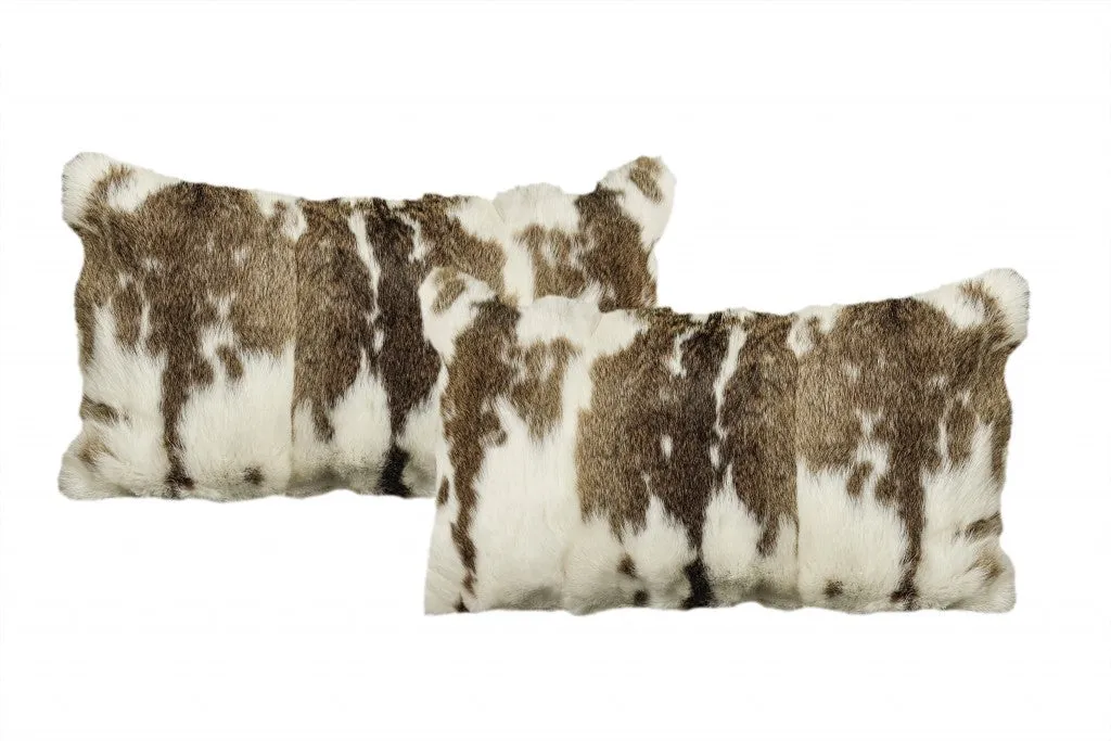 Set of Two 12" X 20" Brown and White Rabbit Natural Fur Throw Pillow Throw Pillows sofa decor deals