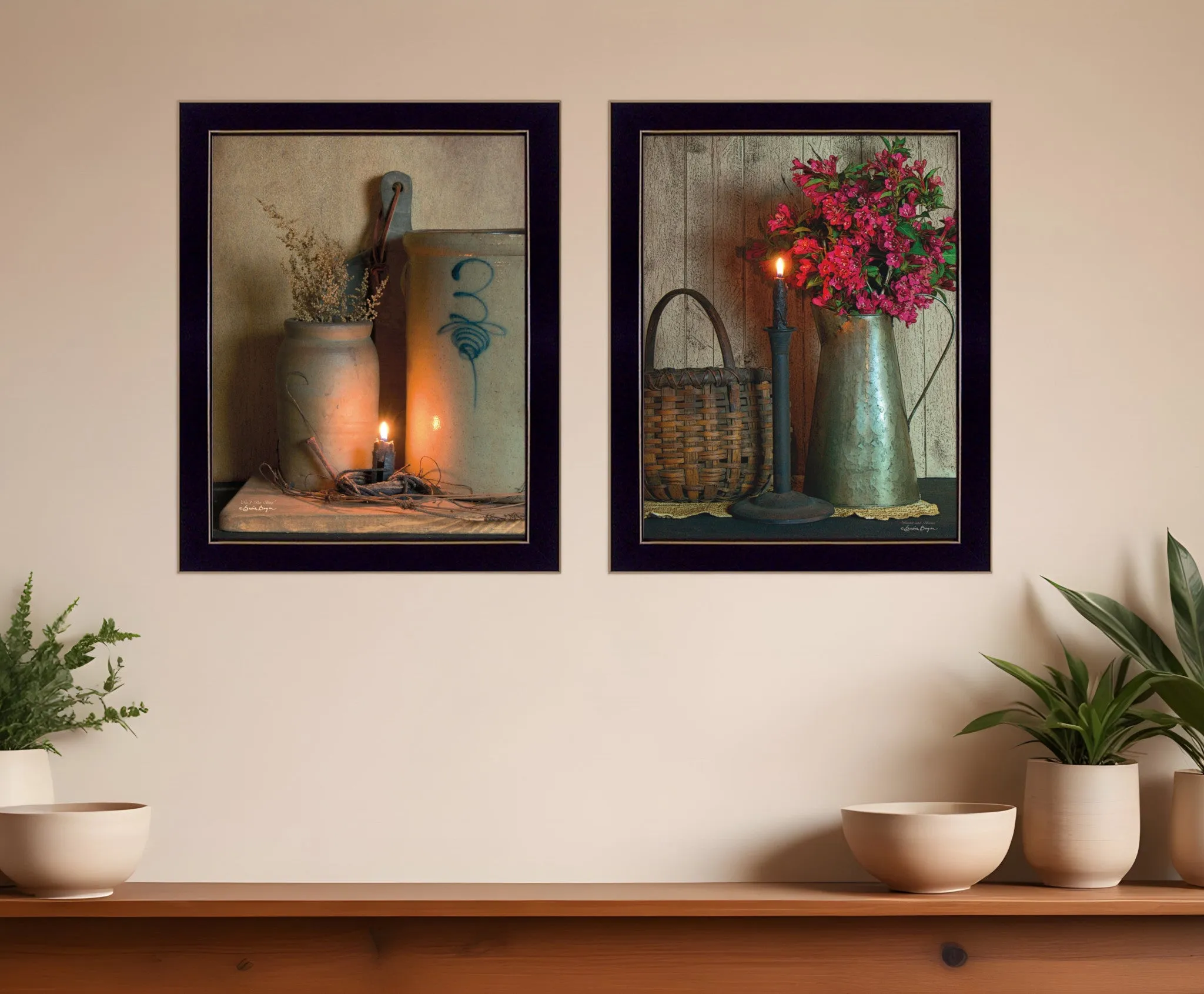 Set Of Two Americana Country Candlelight Black Framed Print Wall Art Modern Wall Accents store