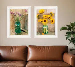 Set Of Two Country Sunflowers and Chives 1 White Framed Print Wall Art Modern Wall Accents store