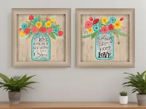 Set Of Two Mason Jar Floral Happiness at Home Brown Framed Print Wall Art Home Mirrors & Wall Art