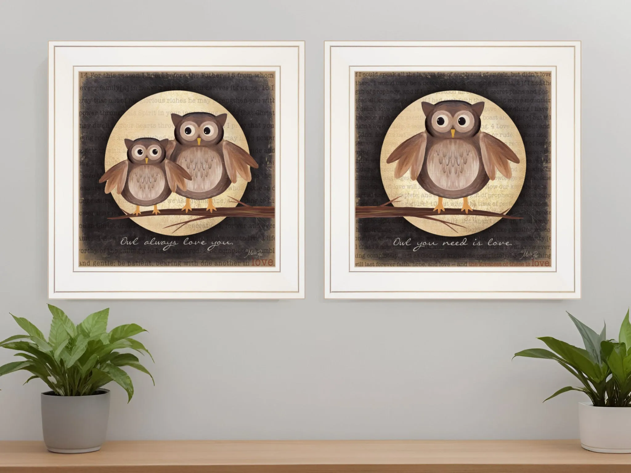 Set Of Two Owl Always Love and Need You 1 White Framed Print Wall Art Cheap Wall Mirrors & Decor