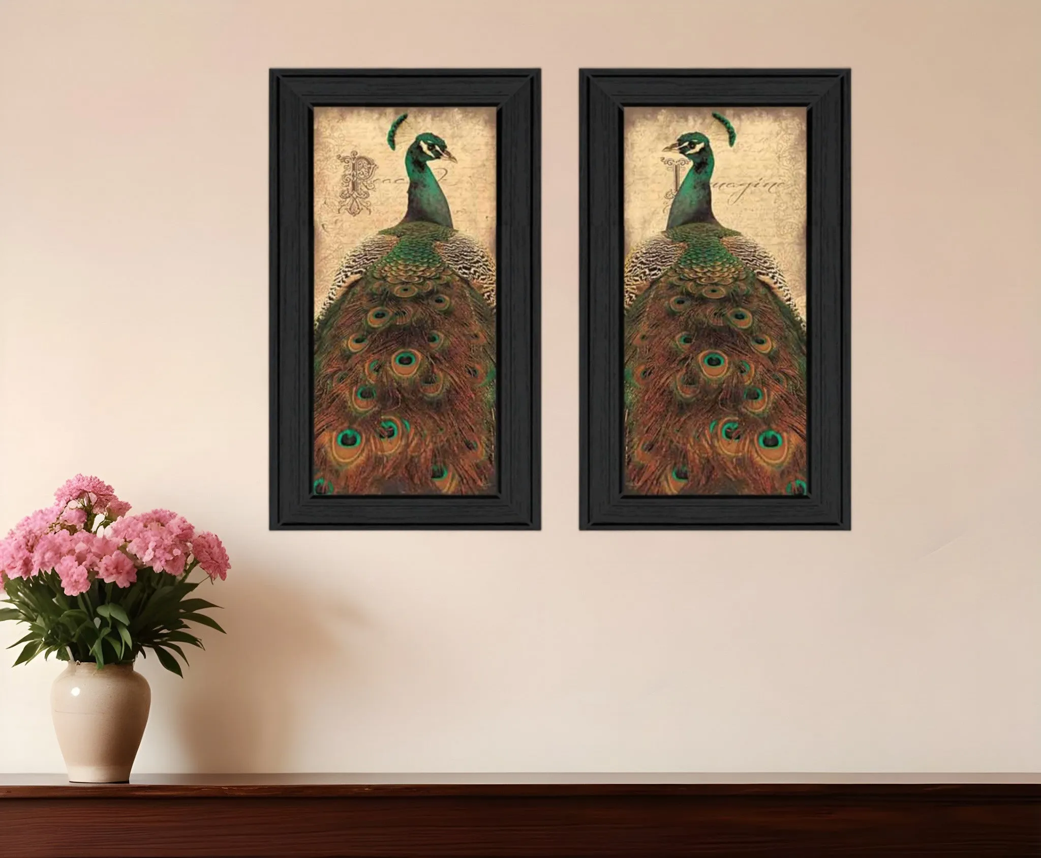 Set Of Two Peacock 2 Black Framed Print Wall Art Cheap Wall Mirrors & Decor