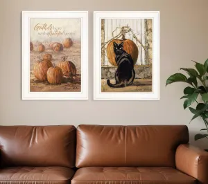 Set Of Two Pumpkins with A Black Cat 1 White Framed Print Wall Art Modern Wall Accents store