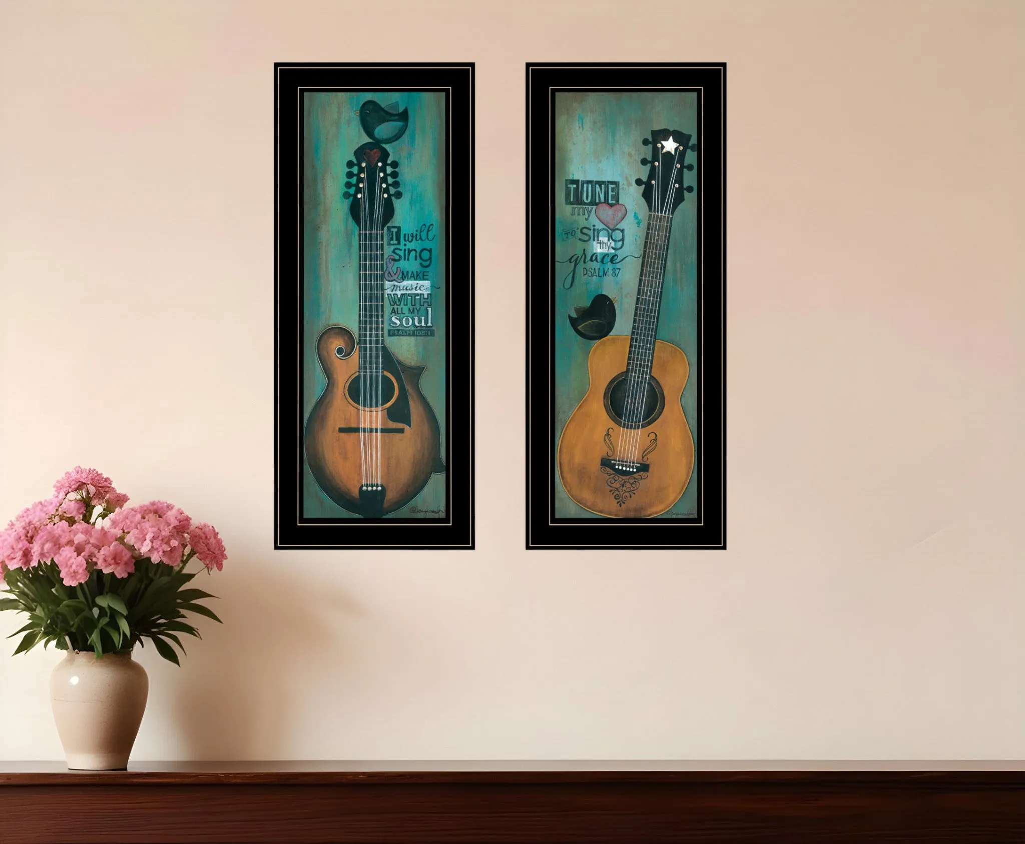 Set Of Two Tune my Heart and I will Sing 2 Black Framed Print Wall Art Cheap Wall Mirrors & Decor