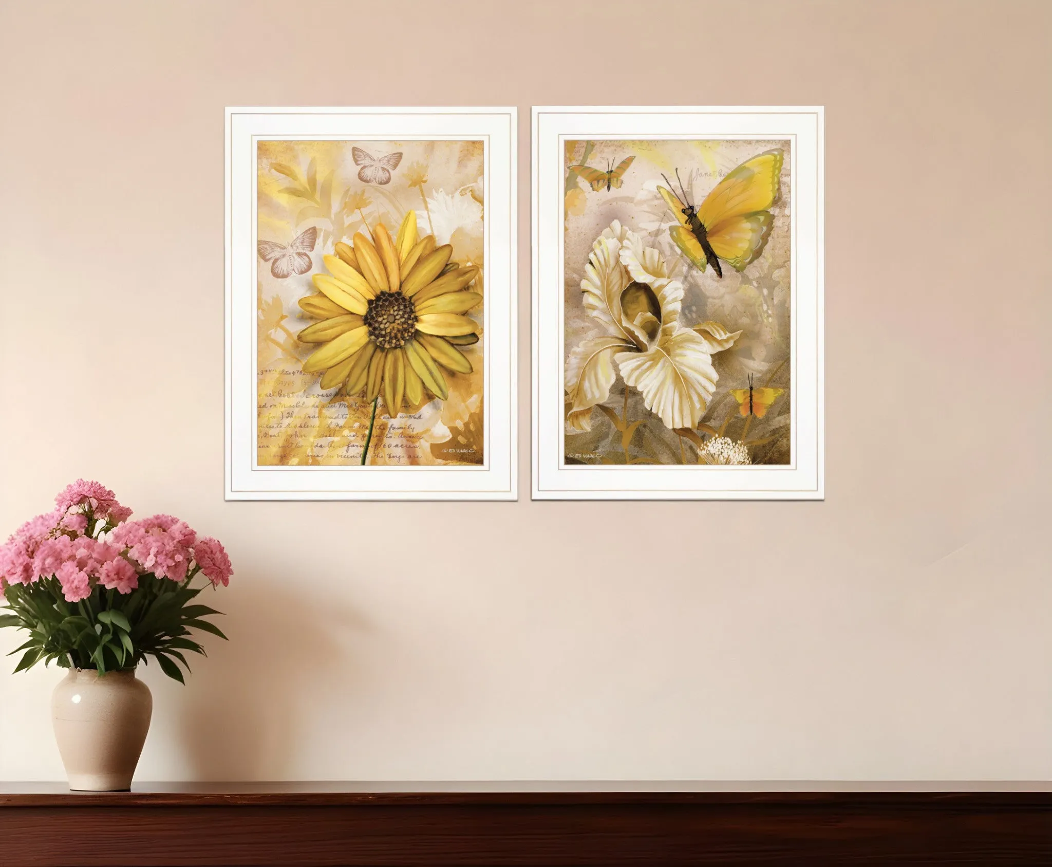 Set Of Two Yellow Flowers And Butterflies White Framed Print Wall Art Cheap Wall Mirrors & Decor