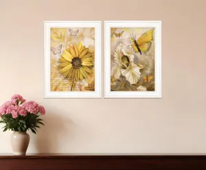Set Of Two Yellow Flowers And Butterflies White Framed Print Wall Art Cheap Wall Mirrors & Decor