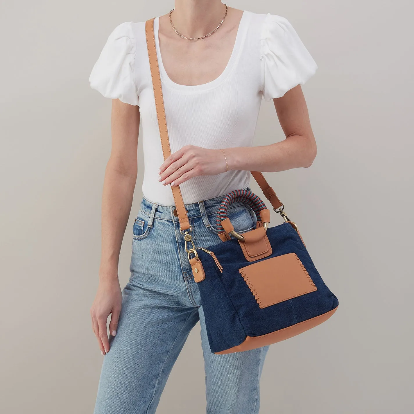 Sheila Medium Satchel In Denim Fabric - Dark Denim