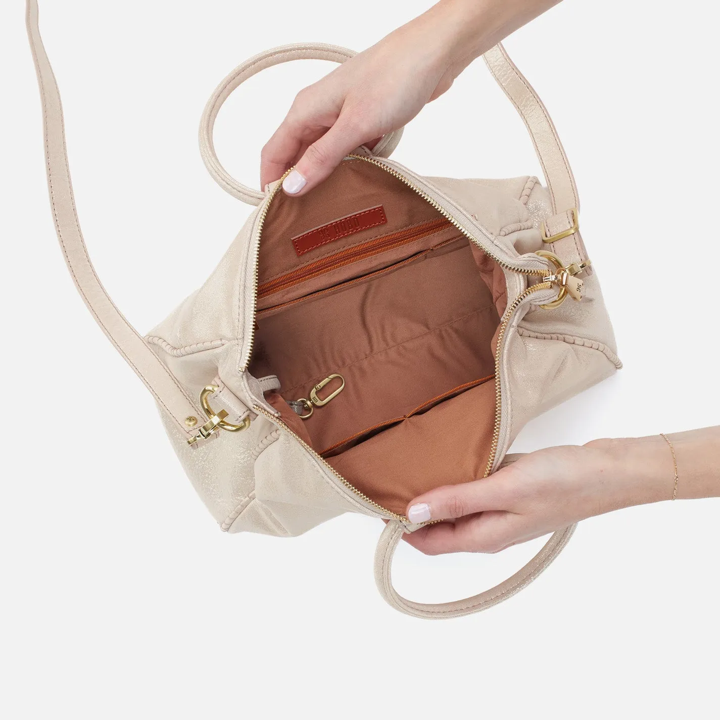Sheila Medium Satchel In Metallic Leather - Sand Shimmer