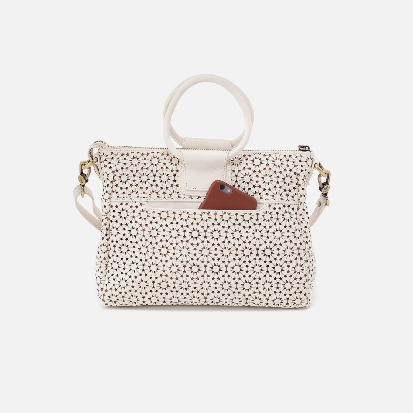 Sheila Medium Satchel In Perforated Leather - Ecru Daisy Perf
