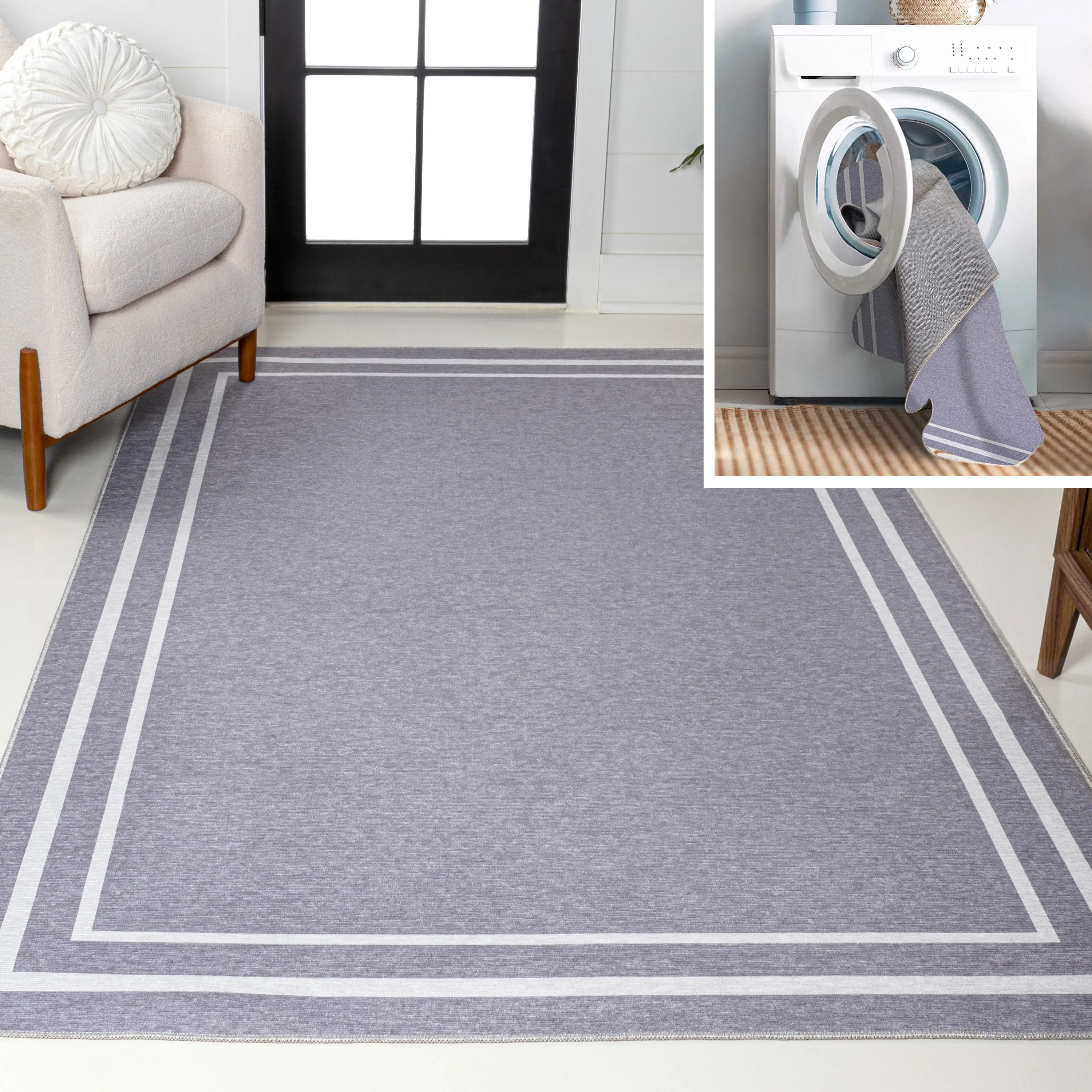 Sloane Classic 2-Stripe Border Washable Area Rug Area Rugs value picks