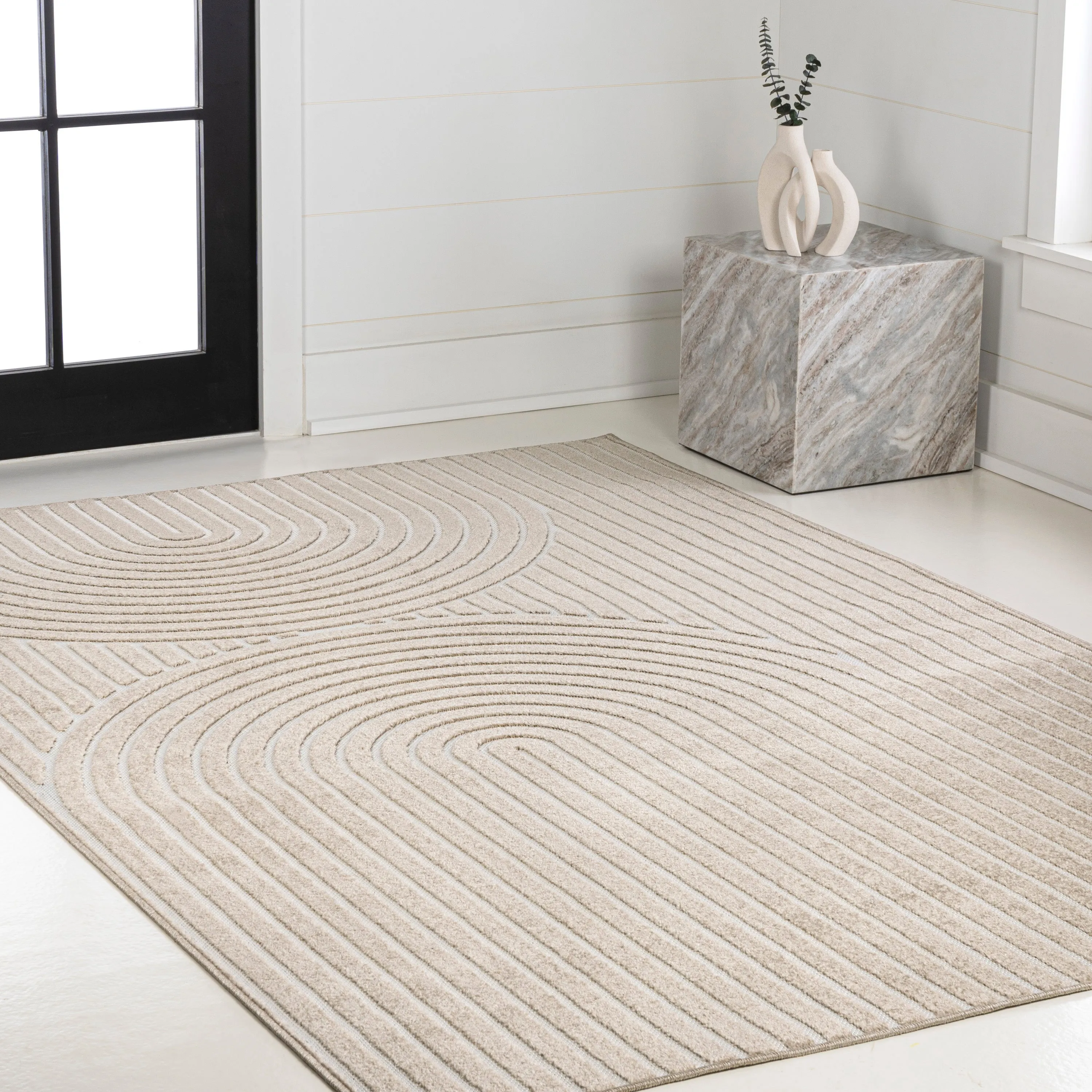 Sofia High-Low MidCentury Modern Arch Stripe Two-Tone Beige/Cream Runner Rug