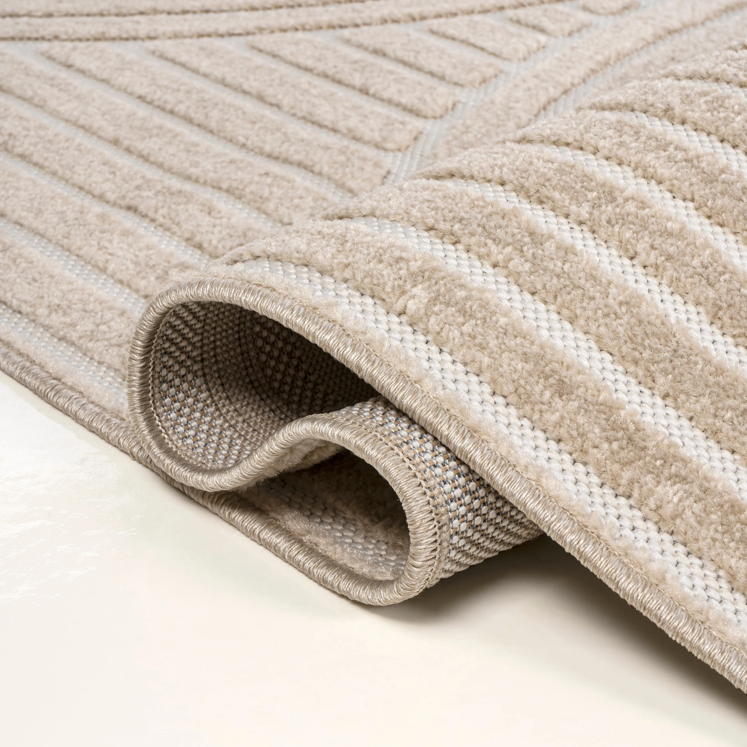 Sofia High-Low MidCentury Modern Arch Stripe Two-Tone Beige/Cream Runner Rug