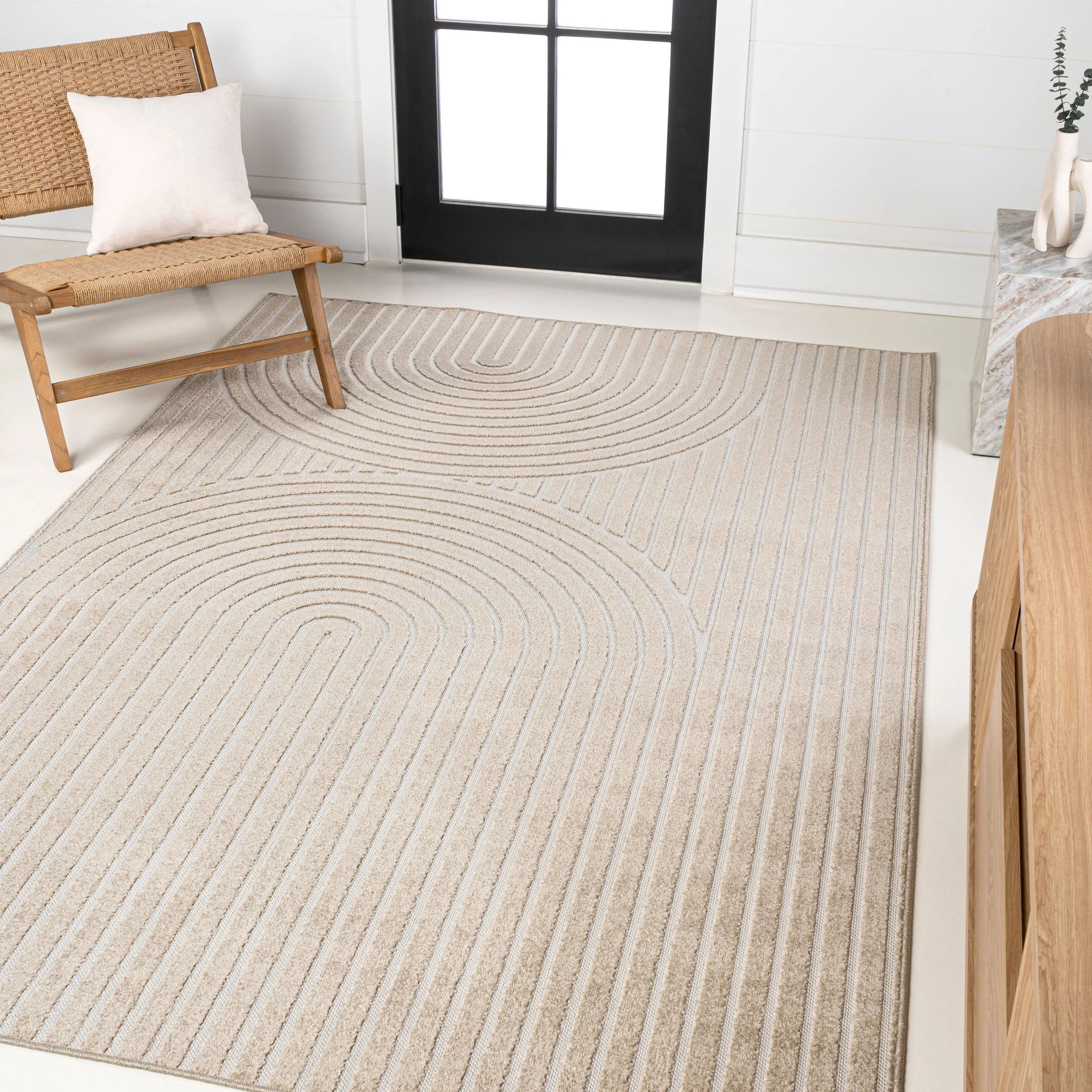 Sofia High-Low MidCentury Modern Arch Stripe Two-Tone Beige/Cream Runner Rug Area Rugs final clearance