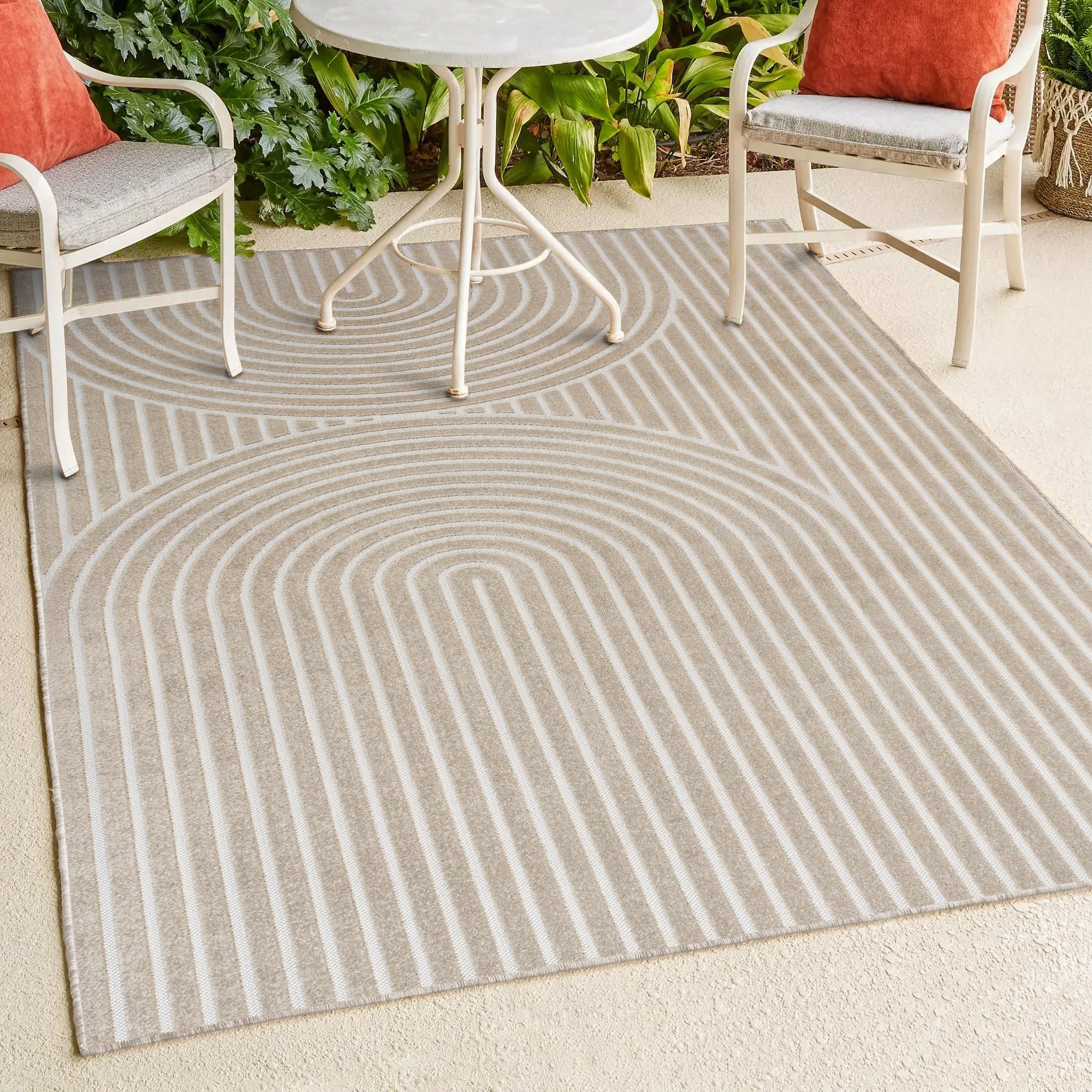 Sofia High-Low MidCentury Modern Arch Stripe Two-Tone Beige/Cream Runner Rug