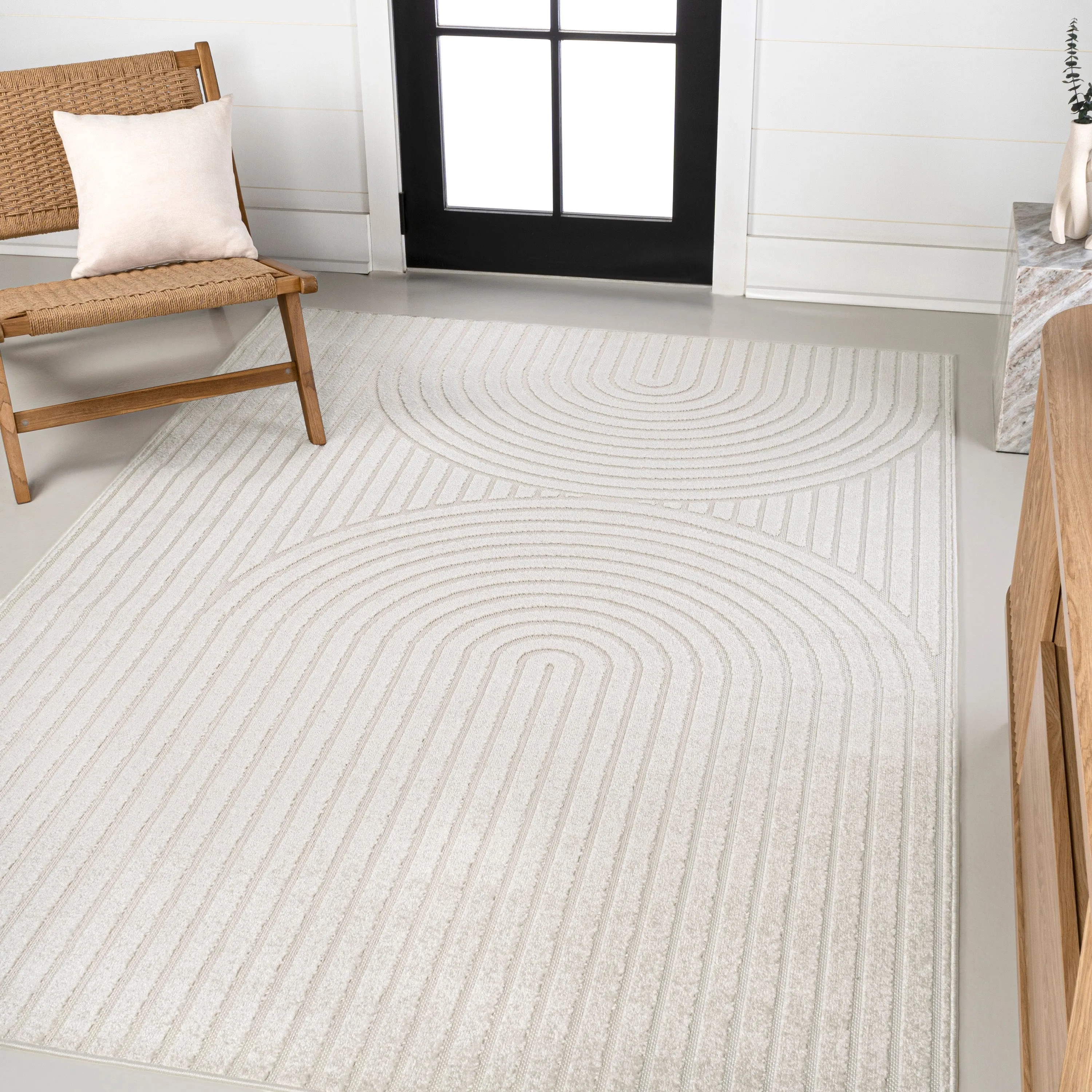 Sofia High-Low MidCentury Modern Arch Stripe Two-Tone Beige/Cream Runner Rug