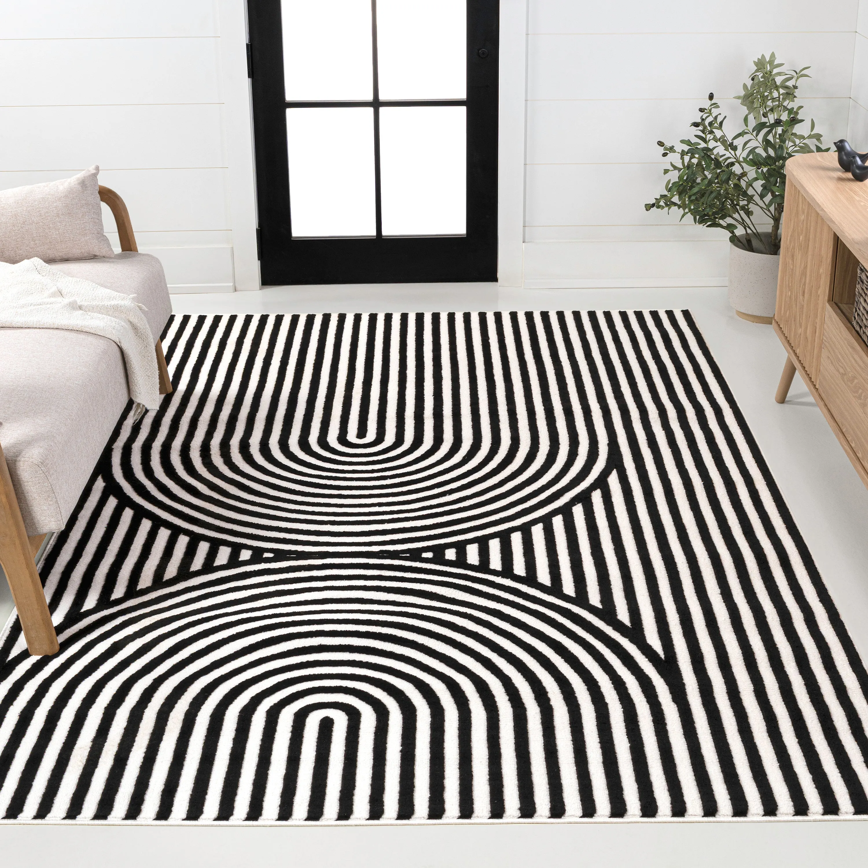 Sofia High-Low MidCentury Modern Arch Stripe Two-Tone Beige/Cream Runner Rug