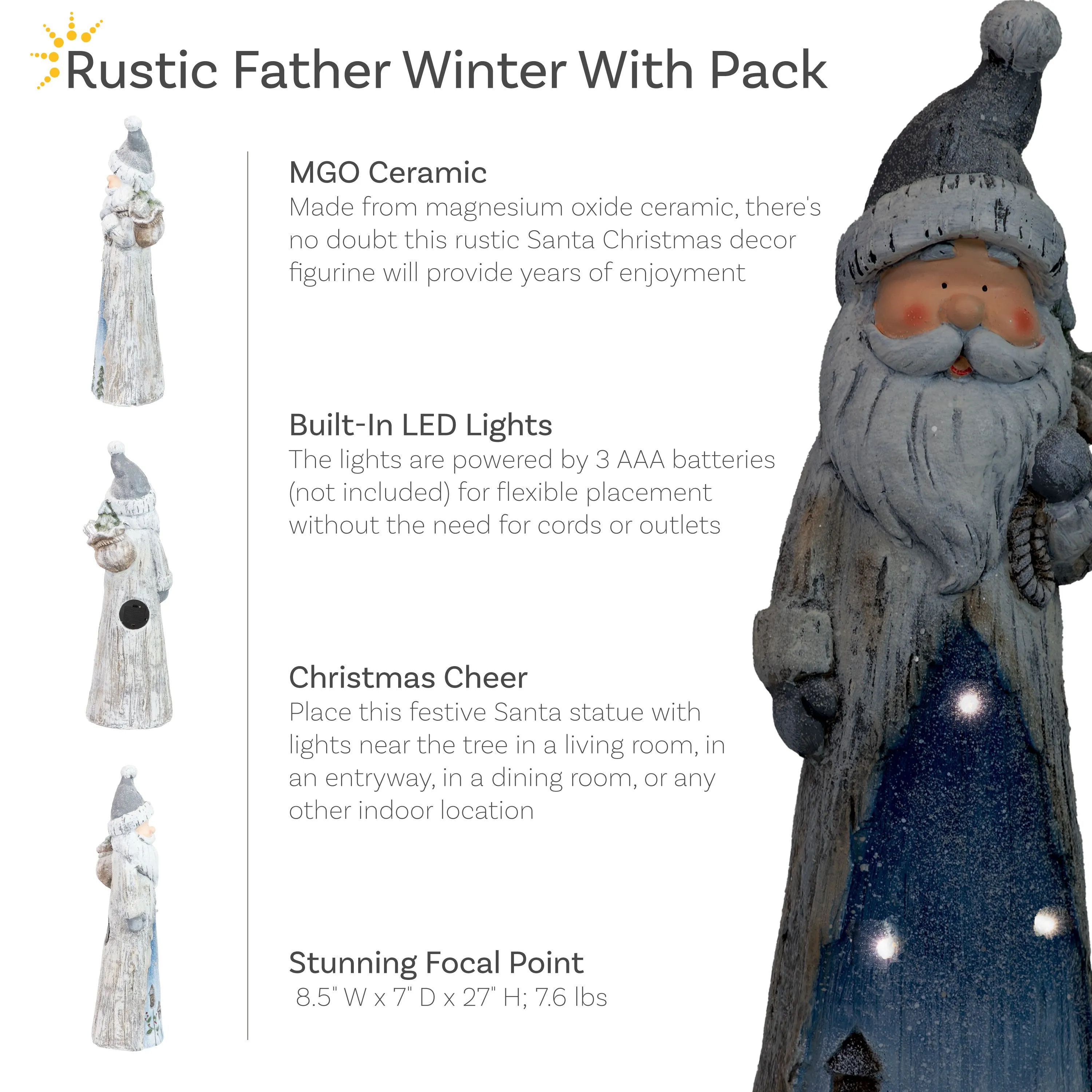 Sunnydaze Indoor Rustic Father Winter with Pack with Battery-Operated LED Lights Winter Holiday Statue Decoration - 27"