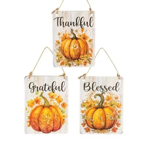Thankful Grateful Blessed Floral Pumpkin Rectangle Ornament 3 Asstd. Decorative Accessories ON SALE